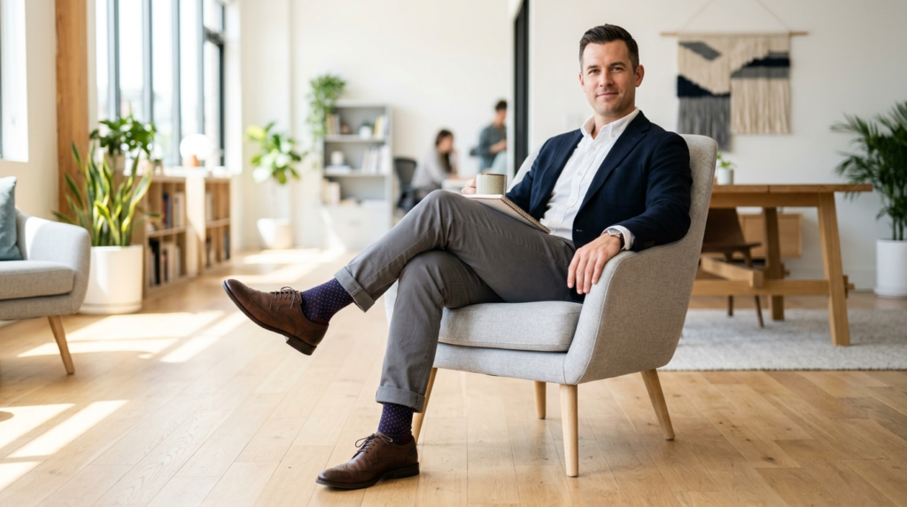 Lifestyle portrait of a well-groomed man in business casual 