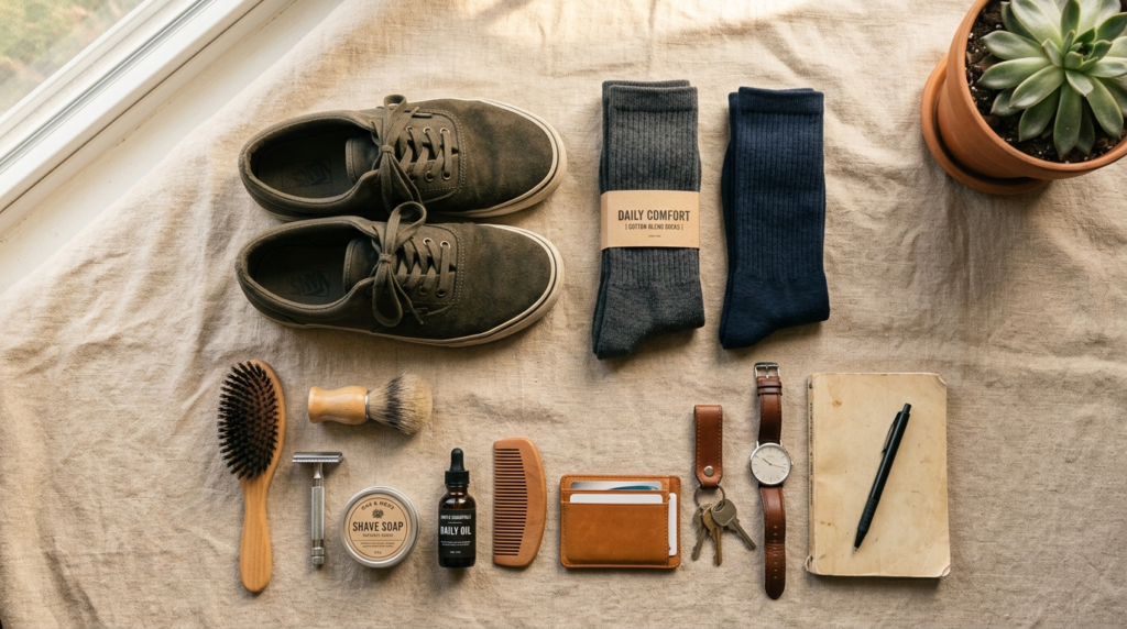 Overhead flat lay composition of mens everyday essentials i