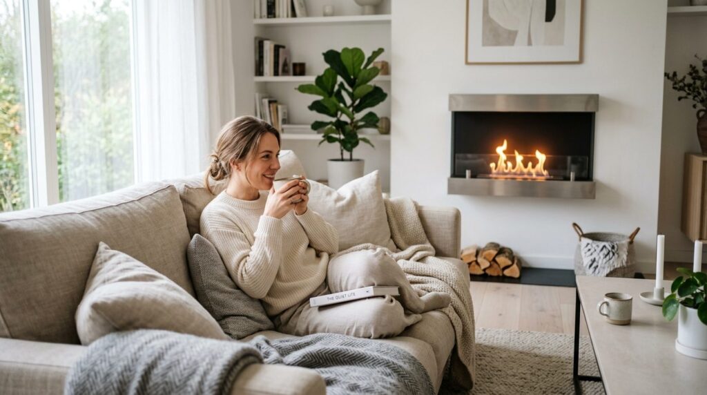 Woman relaxing on a comfortable couch in a bright scandinavi