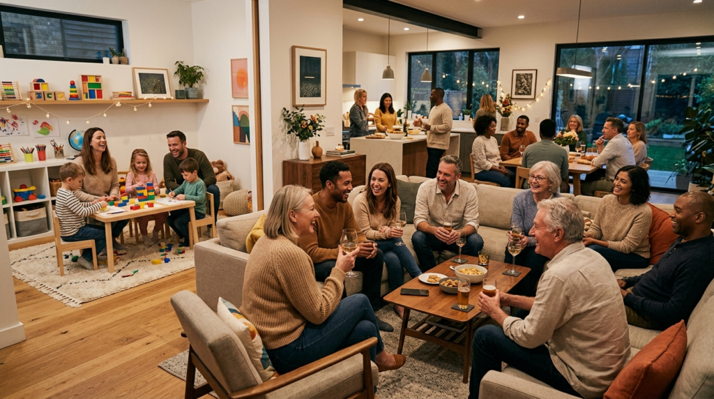 A harmonious multi-generational home party scene with famili