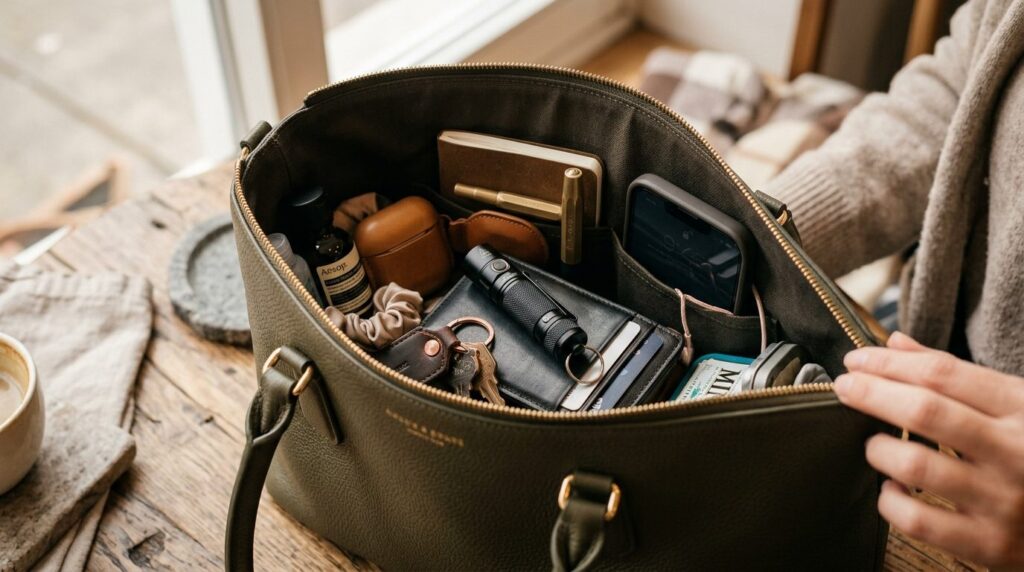 Close-up lifestyle shot of a womans open handbag with a sma