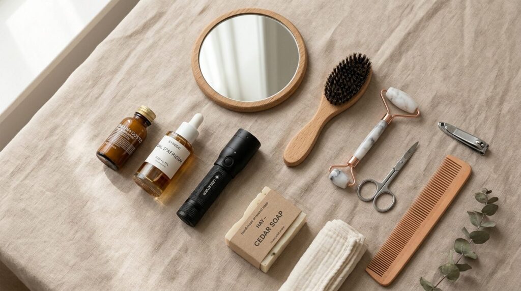 Flat lay composition of beauty and wellness essentials inclu