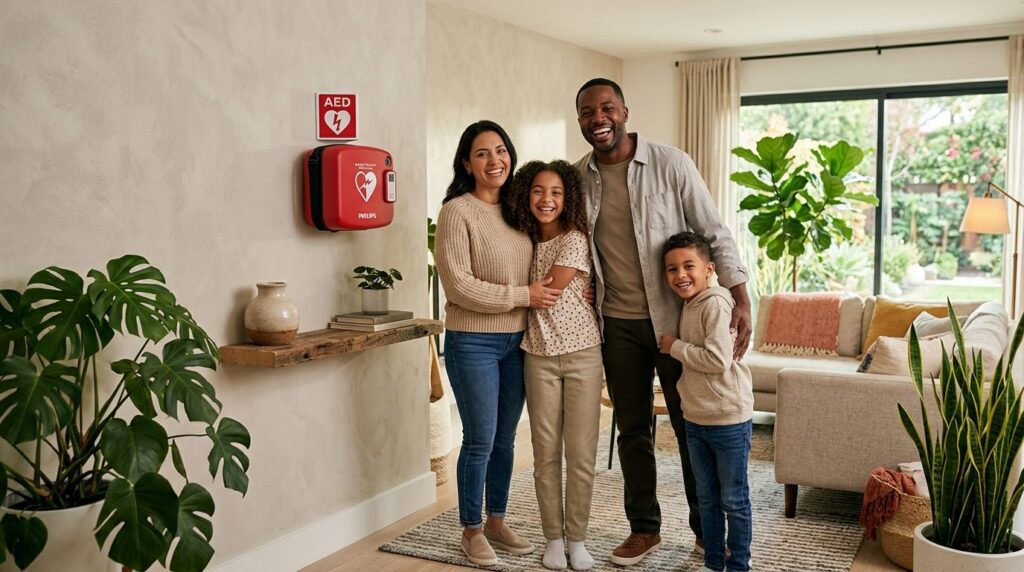Photorealistic stock photo, 16:9 aspect ratio. A diverse fam