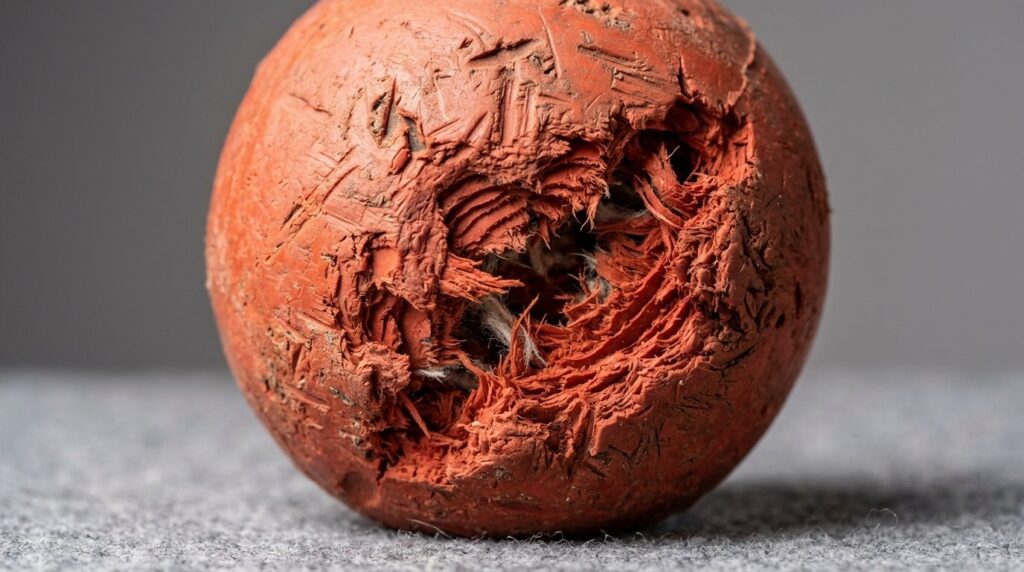 Close-up macro photography of a damaged dog ball showing tor