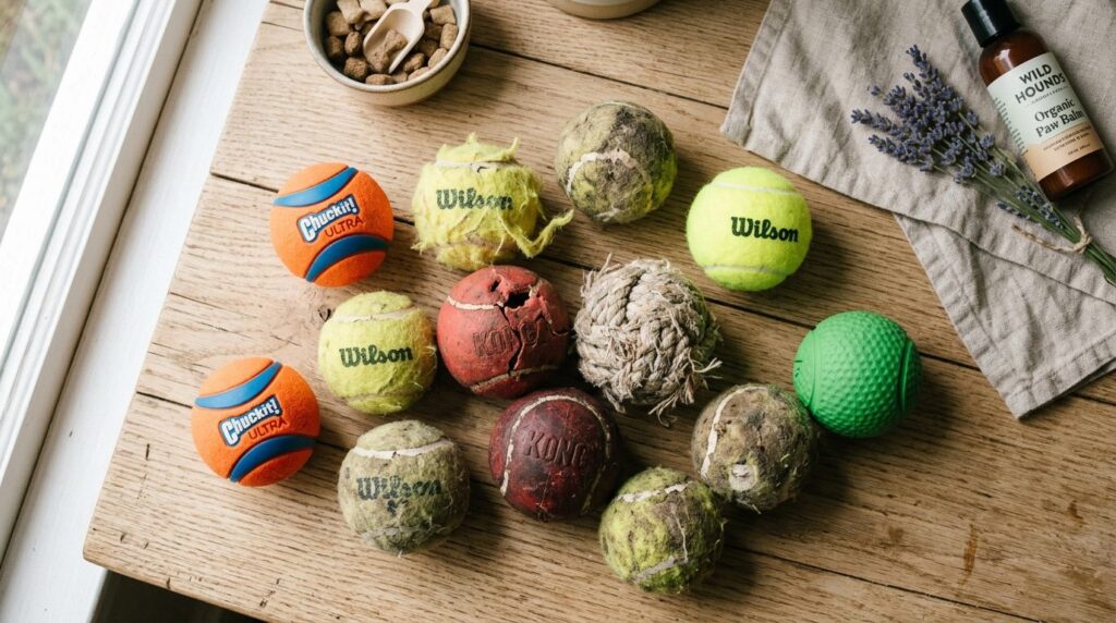 Flat lay lifestyle shot of multiple dog balls in different c