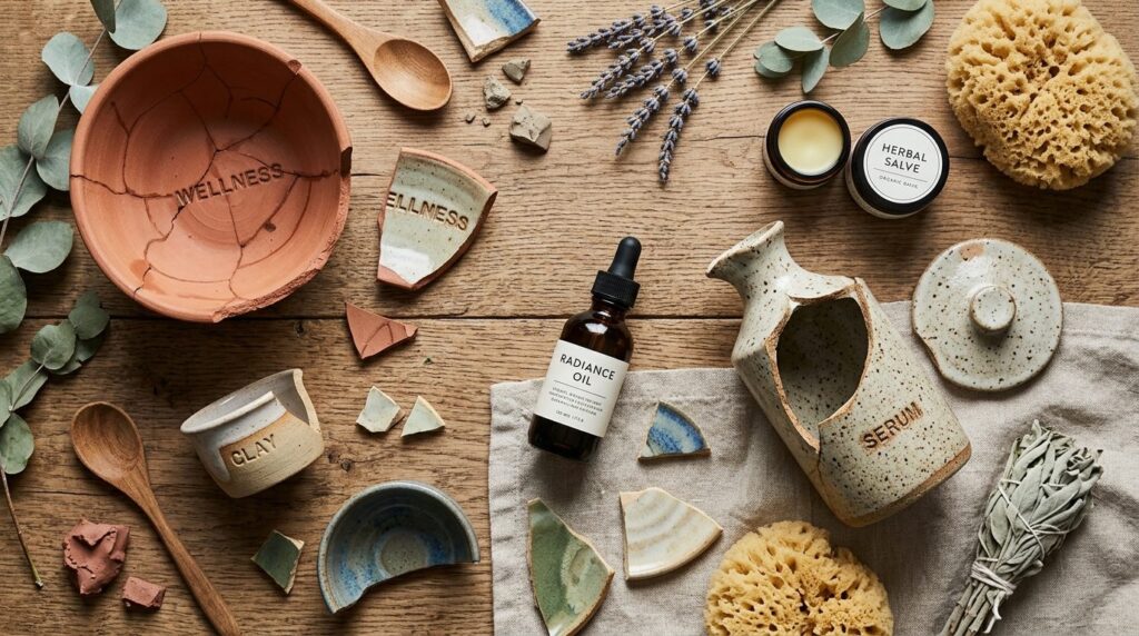Flat lay composition of broken handmade ceramic beauty acces