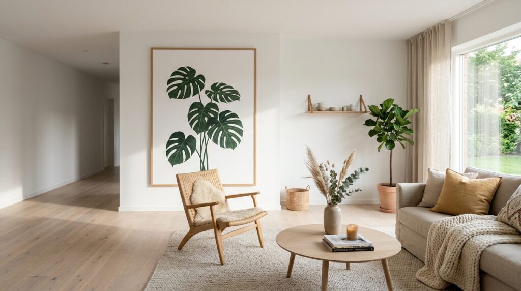 Minimalist scandinavian living room with one oversized botan