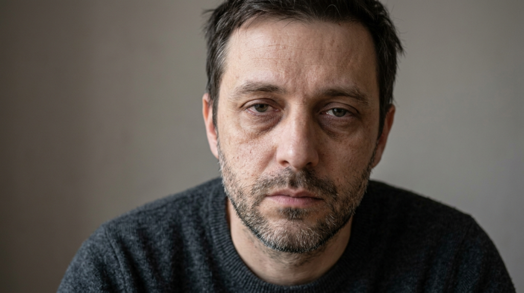 Close-up photorealistic portrait of a mans face showing sig