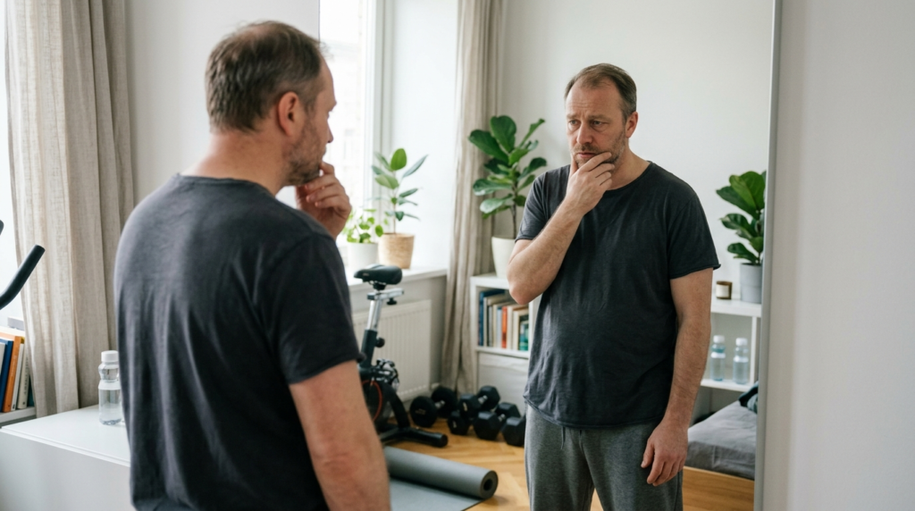 Photorealistic image of a man in his 40s in modern home gym