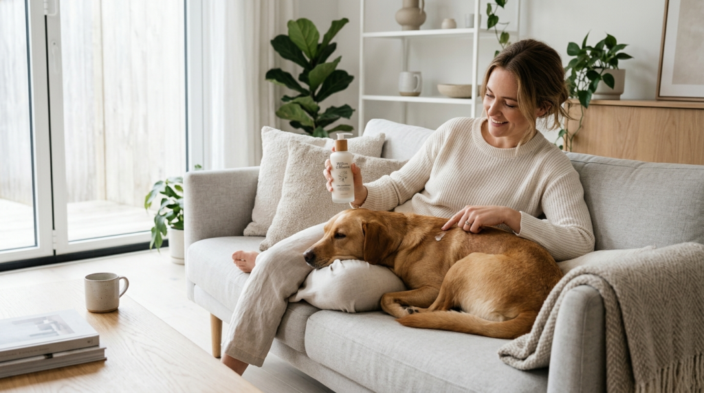 Modern wellness lifestyle scene: A woman relaxing on a sofa