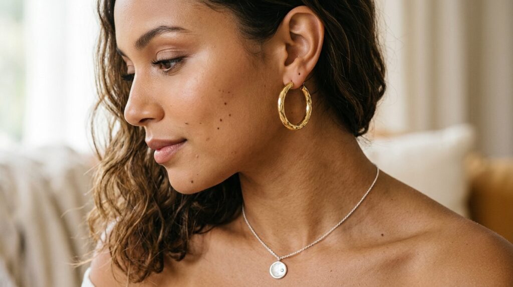 Close-up beauty shot of a woman wearing gold and silver jewe
