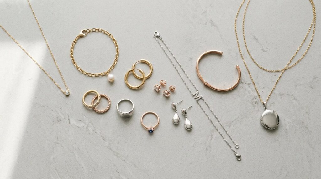 Flat lay luxury jewelry collection featuring assorted women