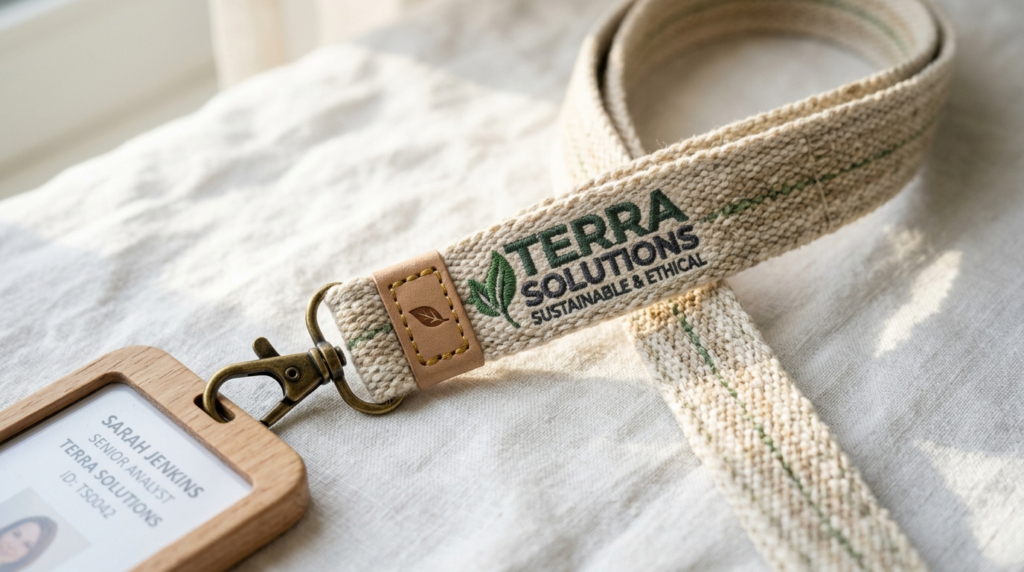 Close-up detail shot of a sustainable woven neck lanyard wit