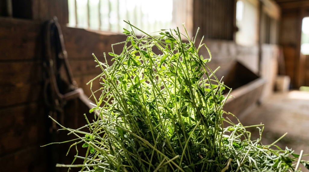 Close-up detail shot of fresh green alfalfa hay with visible