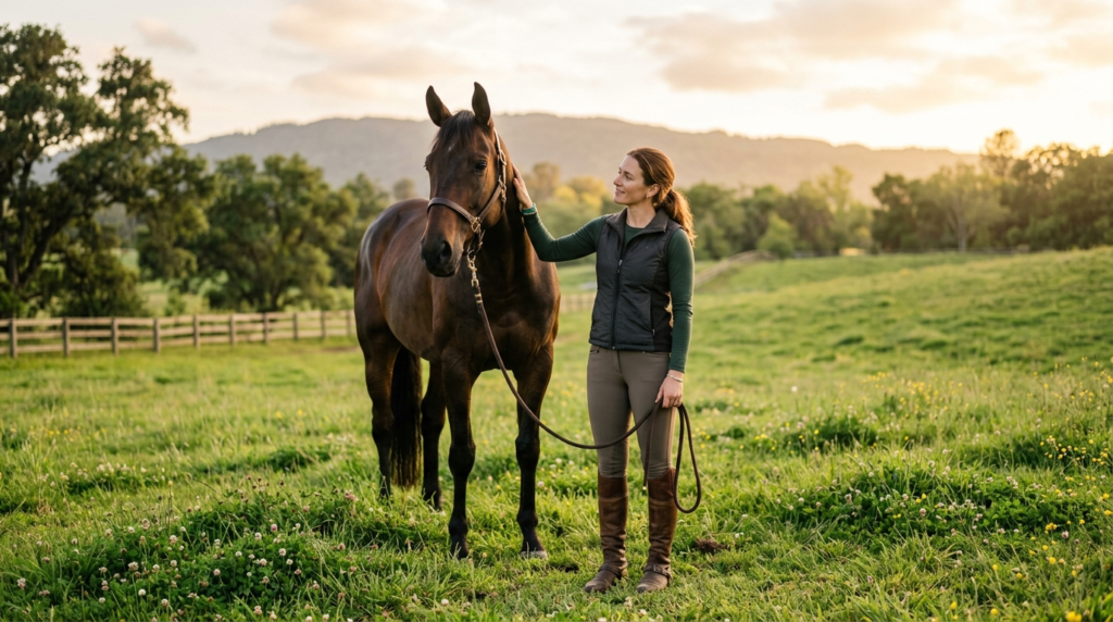 Serene photograph of a mindful female equestrian in modern c