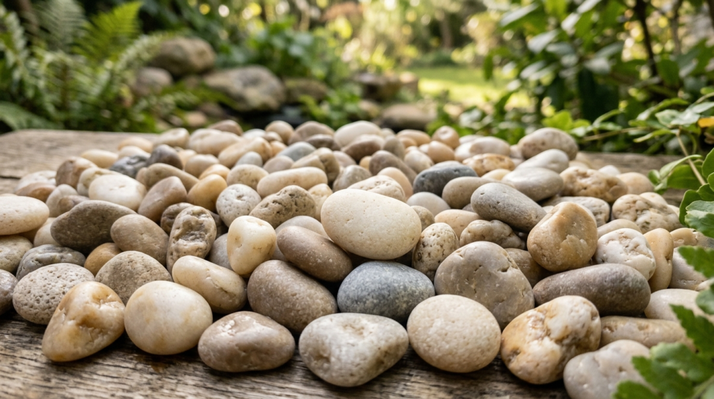 Close-up detail shot of premium pearl stone gravel materials