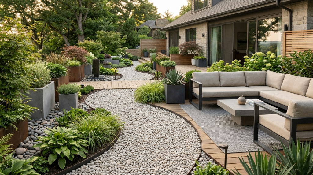 Serene contemporary garden terrace with pearl pebbles creati