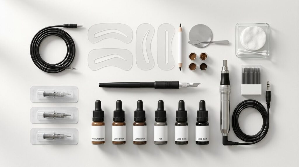 Overhead flat lay beauty composition featuring permanent mak