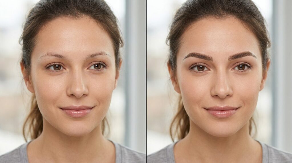 Before and after split-screen beauty portrait of a womans f