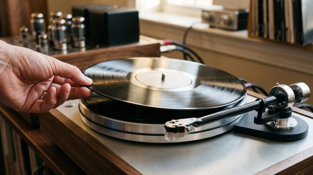 Close-up detail shot of a vinyl record being placed on a pre