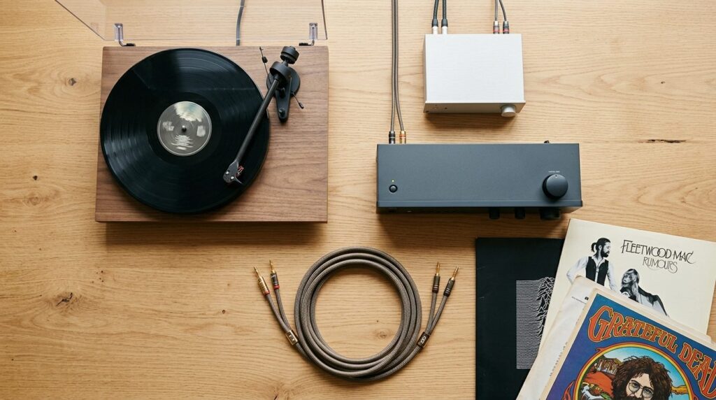 Overhead flat-lay composition of a complete turntable signal