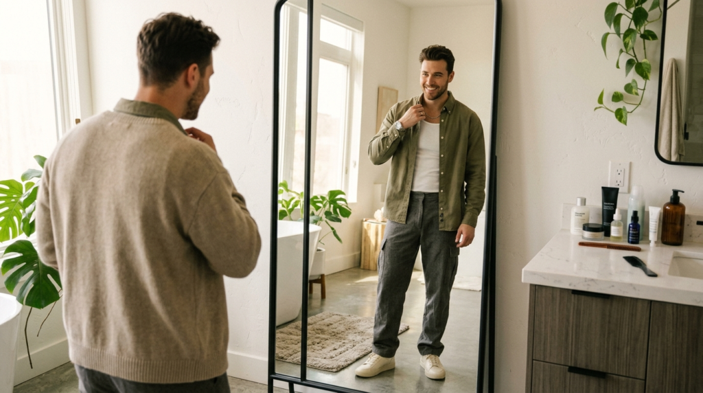 Warm lifestyle photograph of a man in his late 20s getting r