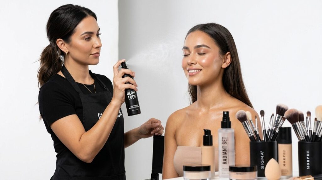 Beauty expert demonstrating long-wearing makeup setting spra