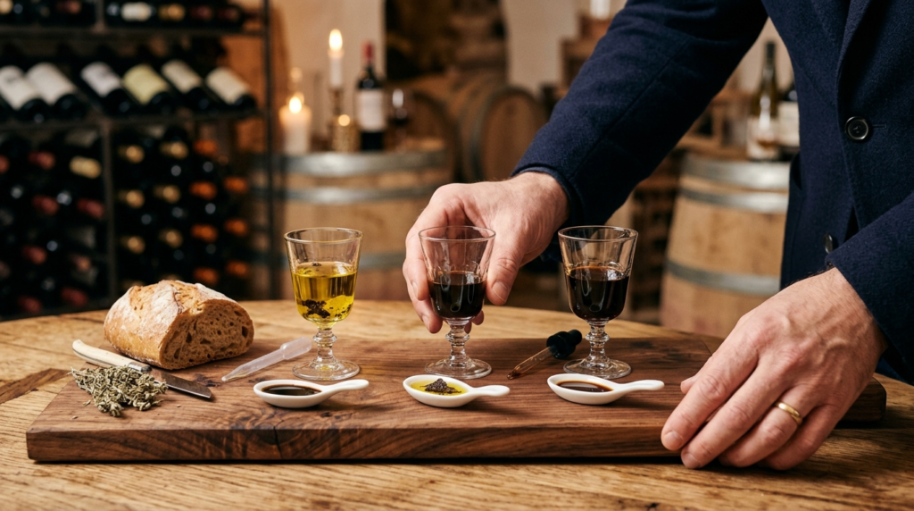 Close-up detail shot of a sommeliers hands carefully arrang