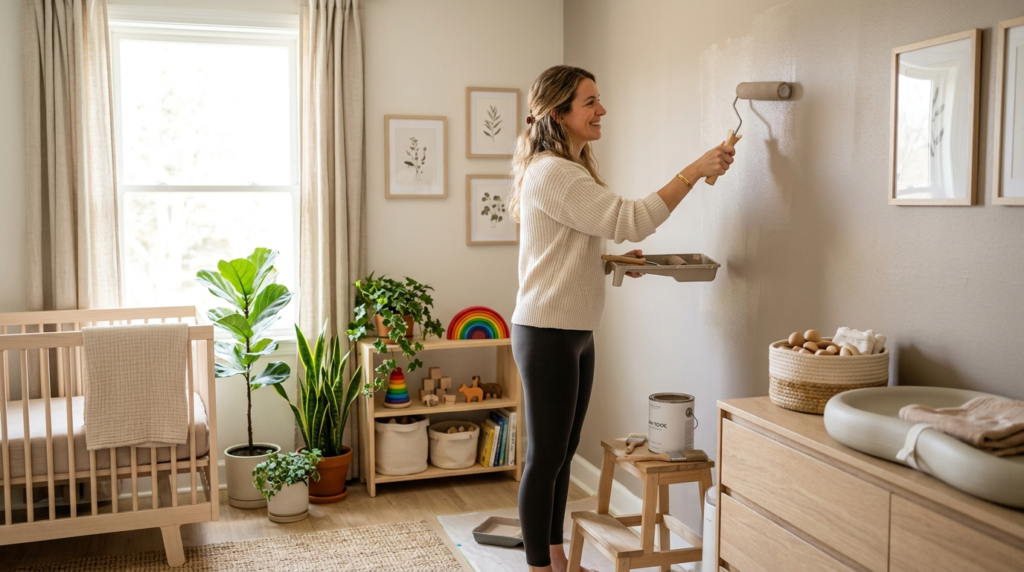 Modern home interior scene showing a parent painting a child