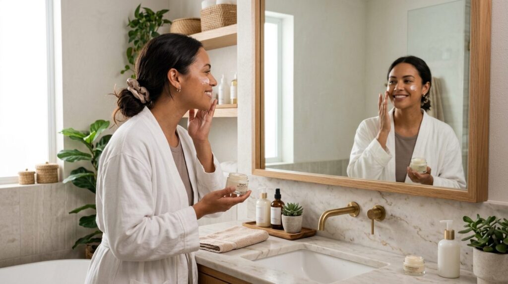 Stock photo of a confident woman in bathroom doing her skinc