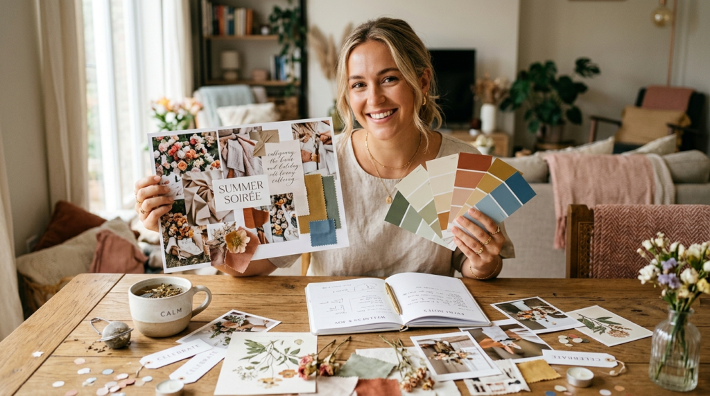 Young woman holding a decorative mood board and color palett