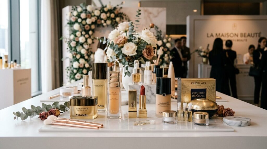 Close-up of beautifully arranged cosmetics and beauty produc