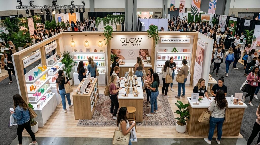 Aerial view of a well-organized beauty brand booth at a well