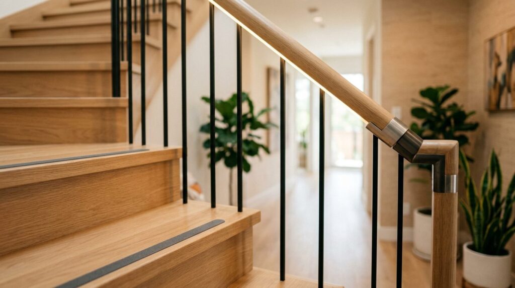 Close-up photorealistic detail shot of a modern staircase wi