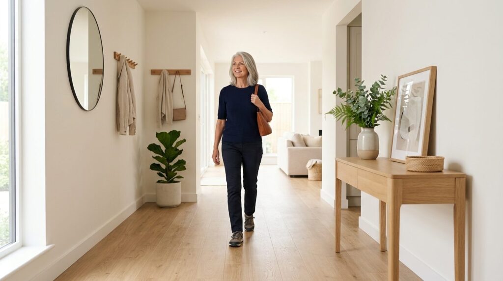 Photorealistic image of a bright, accessible entryway hallwa
