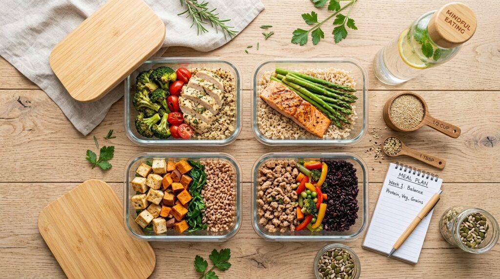 Close-up flat lay of healthy meal prep bowls with balanced n