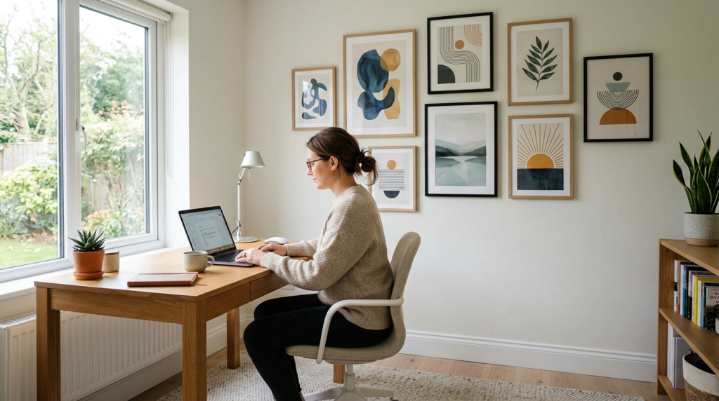 Modern home office space with a minimalist desk setup and a 