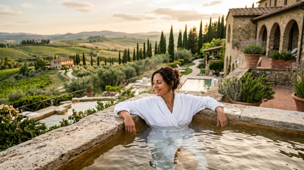 Woman relaxing in a traditional Italian spa or wellness retr