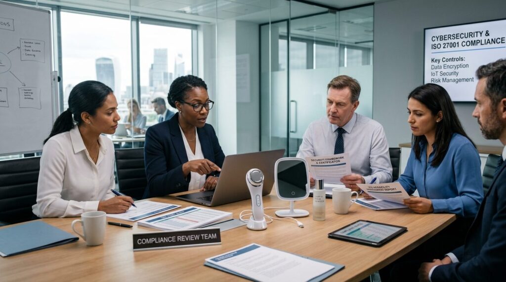 Photorealistic stock photo of a compliance meeting room with
