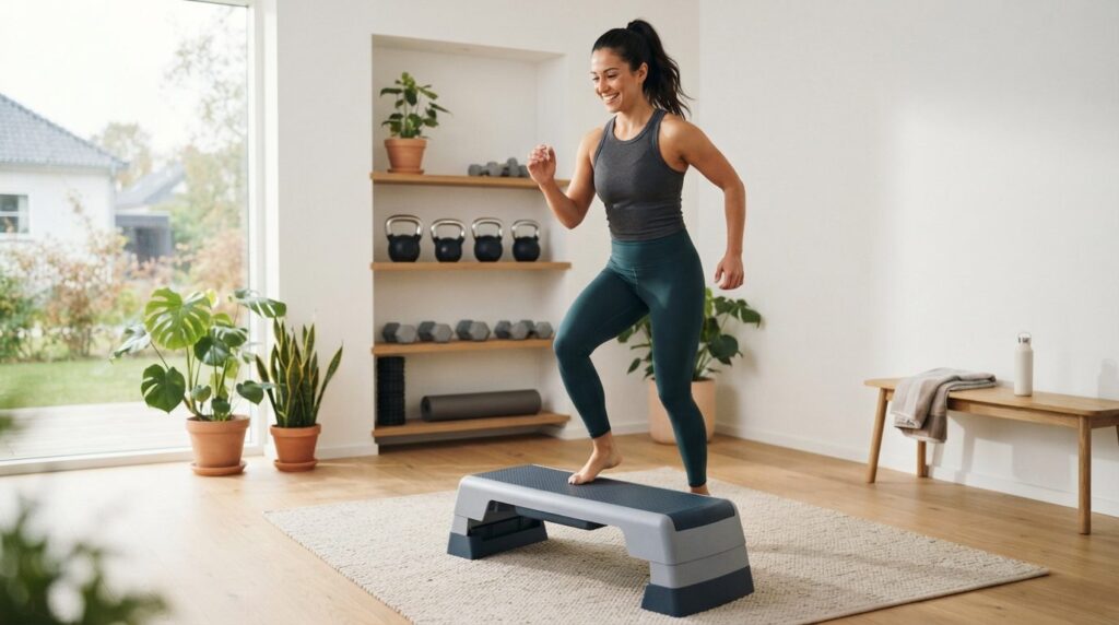 Lifestyle photograph of a fit woman in workout clothes perfo