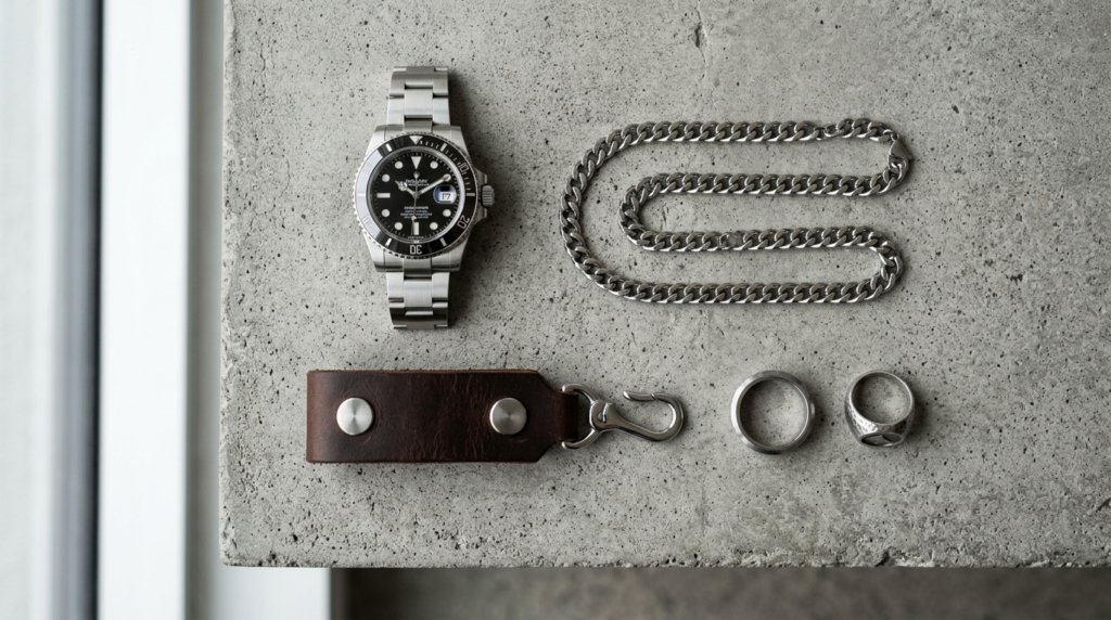 Flat lay composition of essential mens luxury accessories o