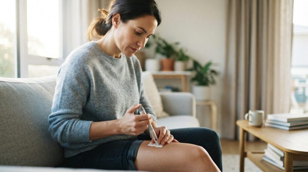 Confident woman in modern home setting holding a medical inj
