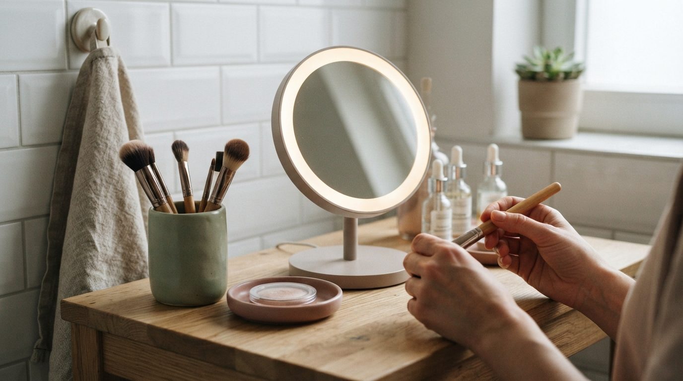 Illustrationsbillede: Makeup spejl med lys: sådan indretter du et skønhedshjørne, der virker